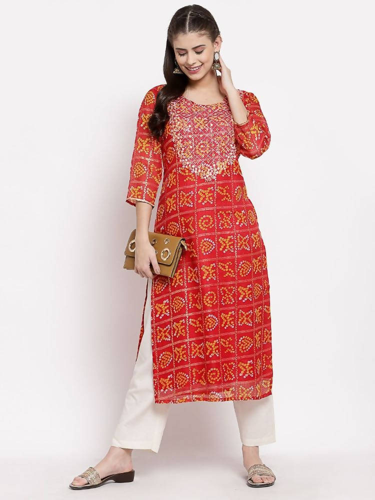 Myshka Women's Red Cotton Printed 3/4 Sleeve Square Neck Casual Kurta | Grab2Buy