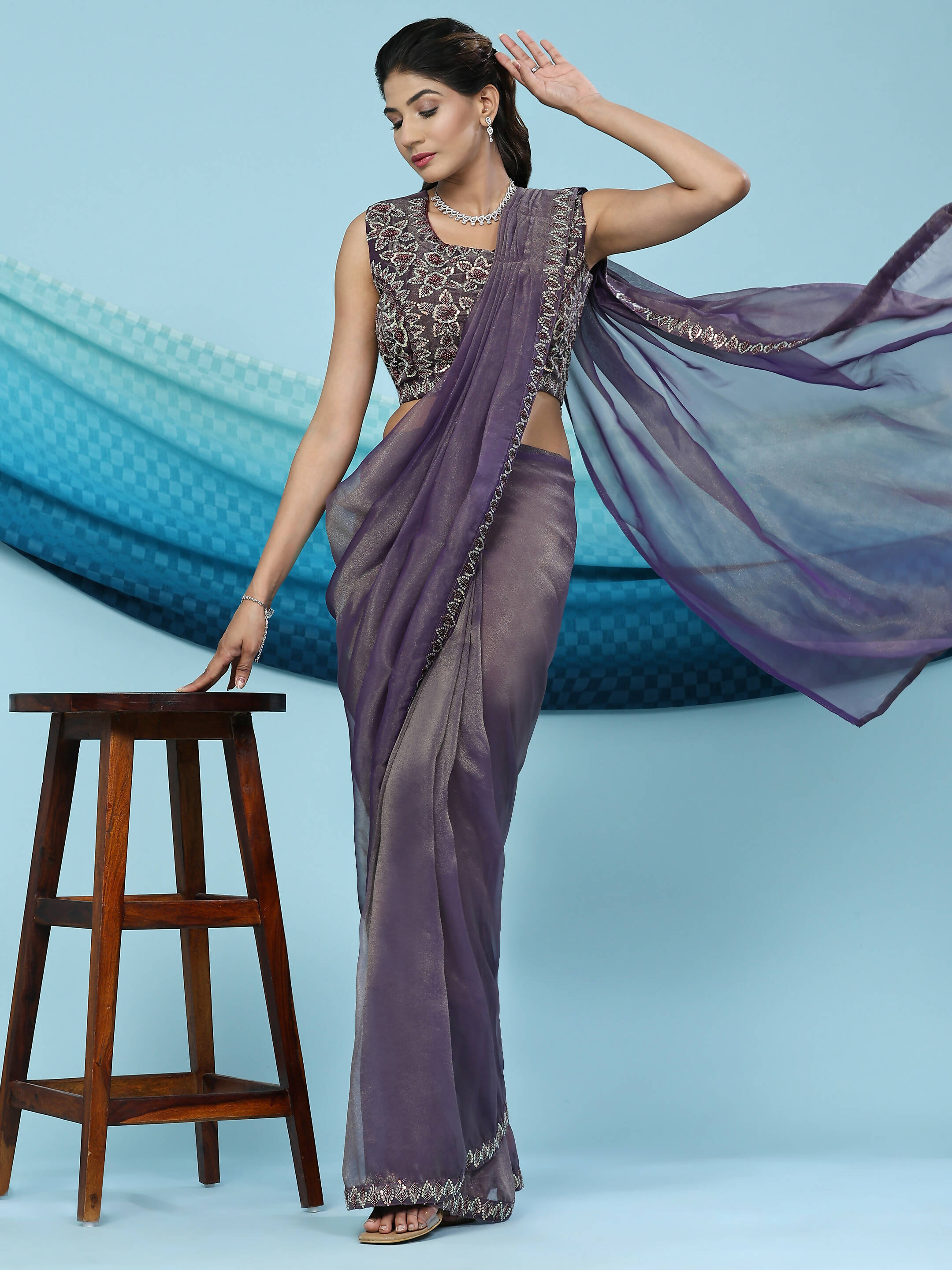 Purple Lycra Shimmer Pattern Ready to Wear Saree with stitched Blouse - Nirvana | Grab2Buy