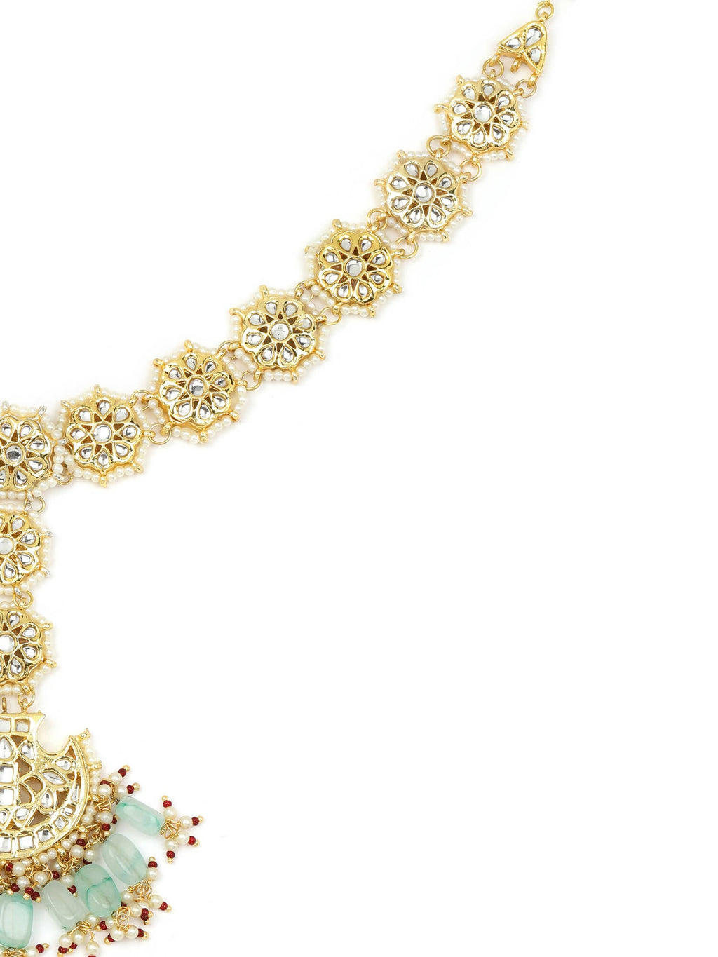 Gold-Polished White Blue Kundan-Studded Pearl Beaded Matha Patti - Ruby Raang | Grab2Buy