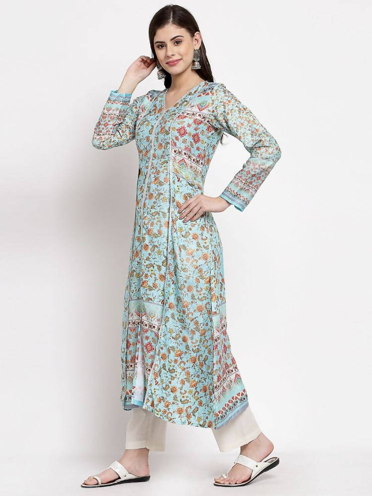 Myshka Women's Multi Cotton Printed Full Sleeve V Neck Casual Kurta | Grab2Buy