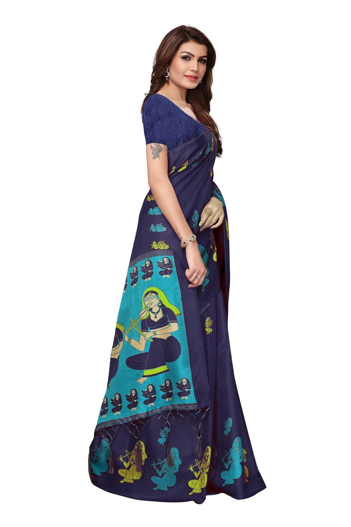 Vamika Navy Blue Kalamkari With Jhalar Khadi Silk Saree | Grab2Buy