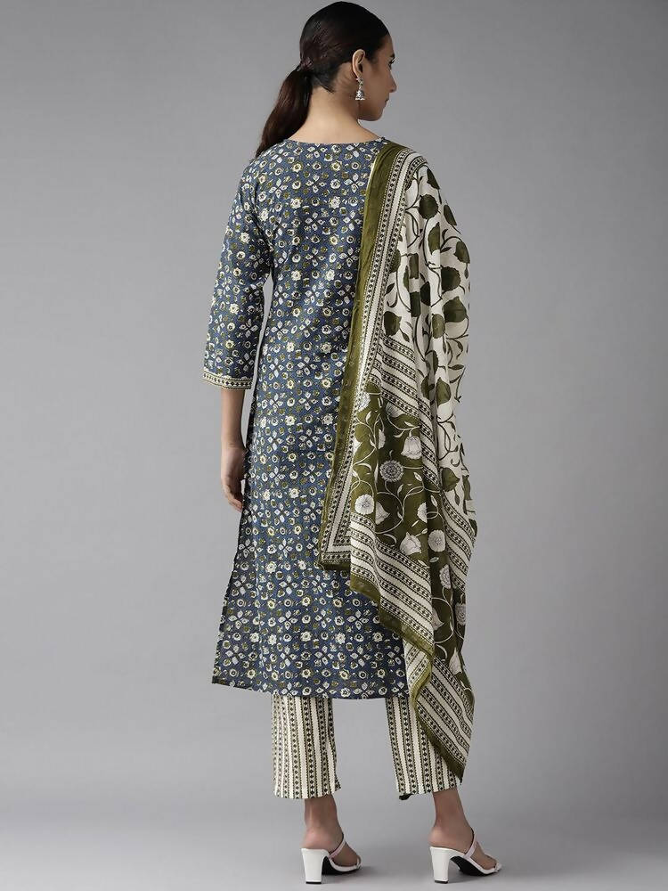Yufta Blue & Green Printed Embroidered Kurta with Trouser and Dupatta Set | Grab2Buy