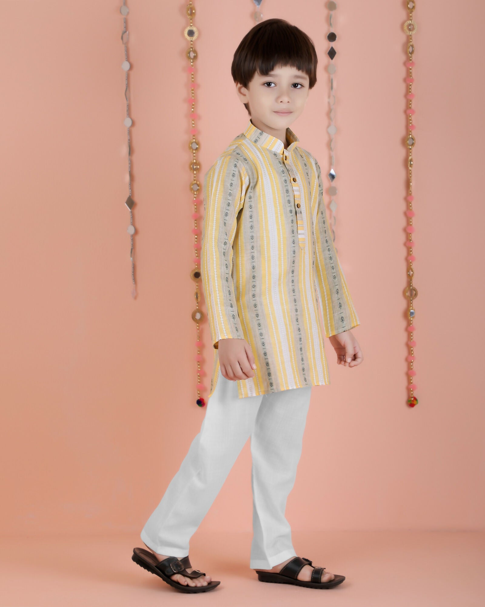 Joban Fashion Kids Island Cotton Full Sleeves Striped Kurta and Pyjama- Yellow | Grab2Buy