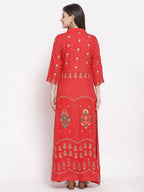 Myshka Women's Red Cotton Printed 3/4 Sleeve Collar Neck Casual Anarkali Kurta | Grab2Buy
