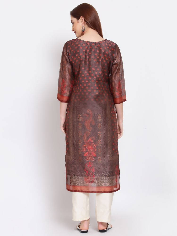 Myshka Women's Multi Printed Chanderi Silk 3/4 Sleeve Round Neck Casual Kurta | Grab2Buy