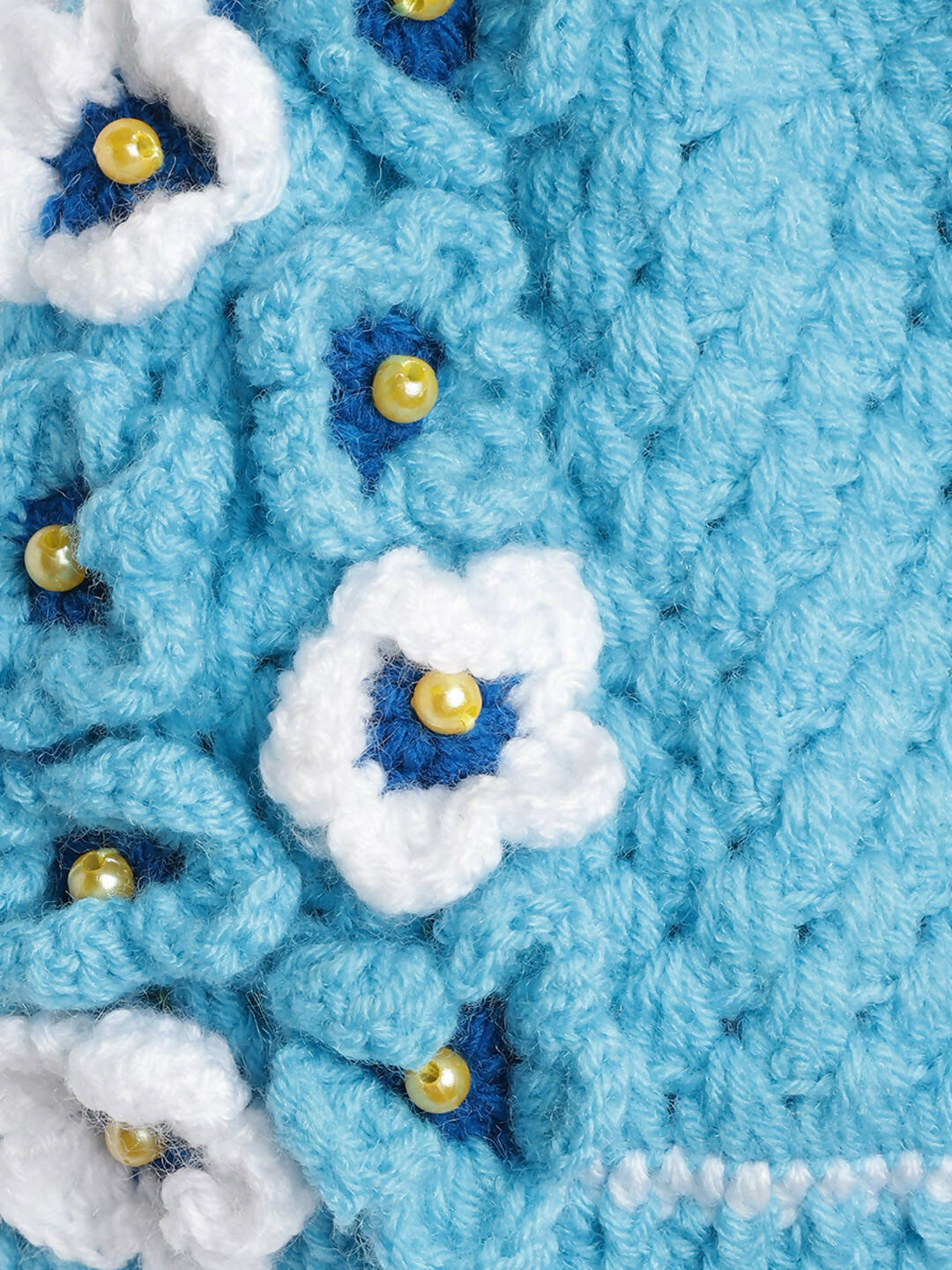 Chutput Kids Woollen Hand Knitted Pearl Embellished Floral Detailed Cap - Blue | Grab2Buy