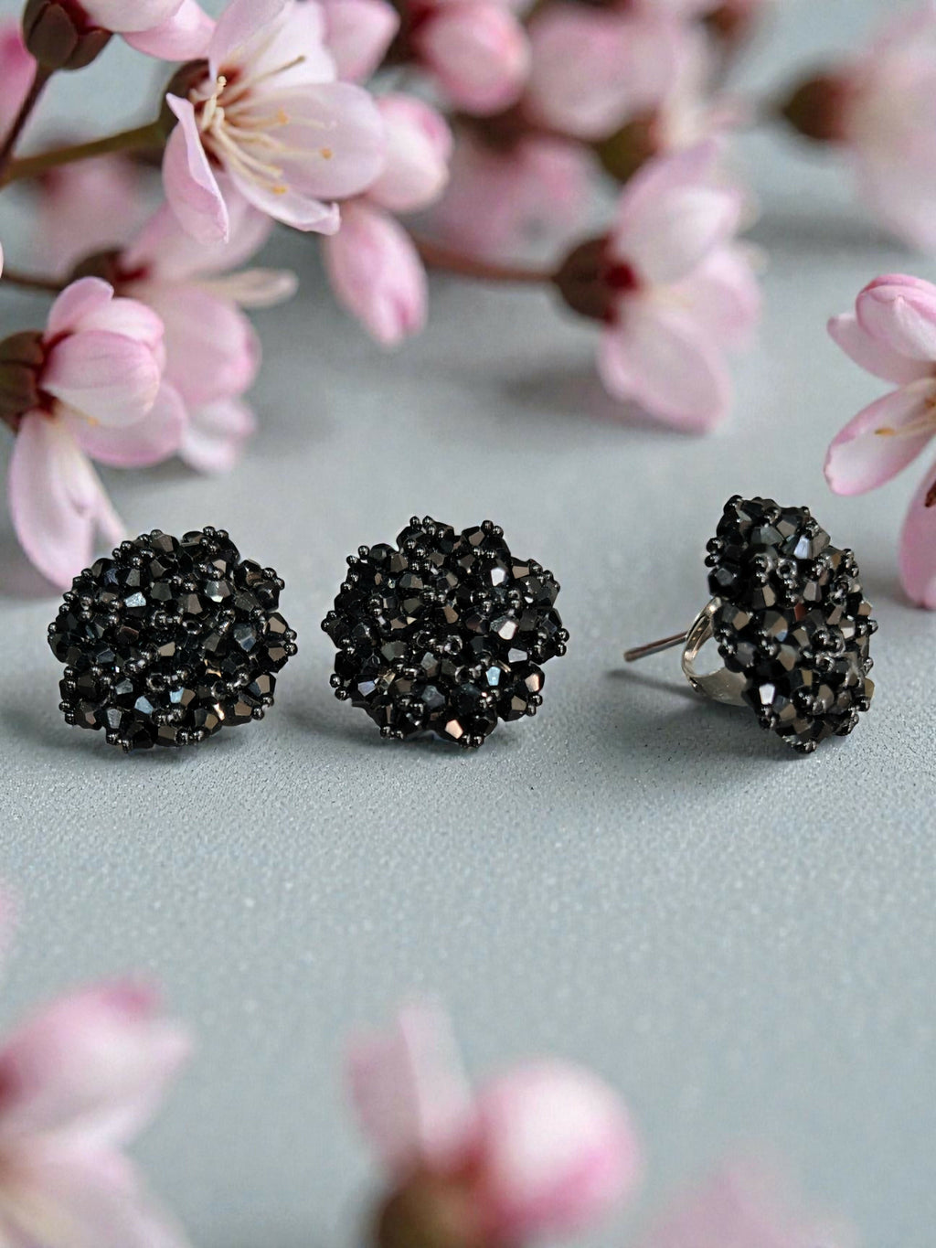 Inhanns Rangmani Crystal Duo – Adjustable Ring + Statement Earrings Set - Black | Grab2Buy