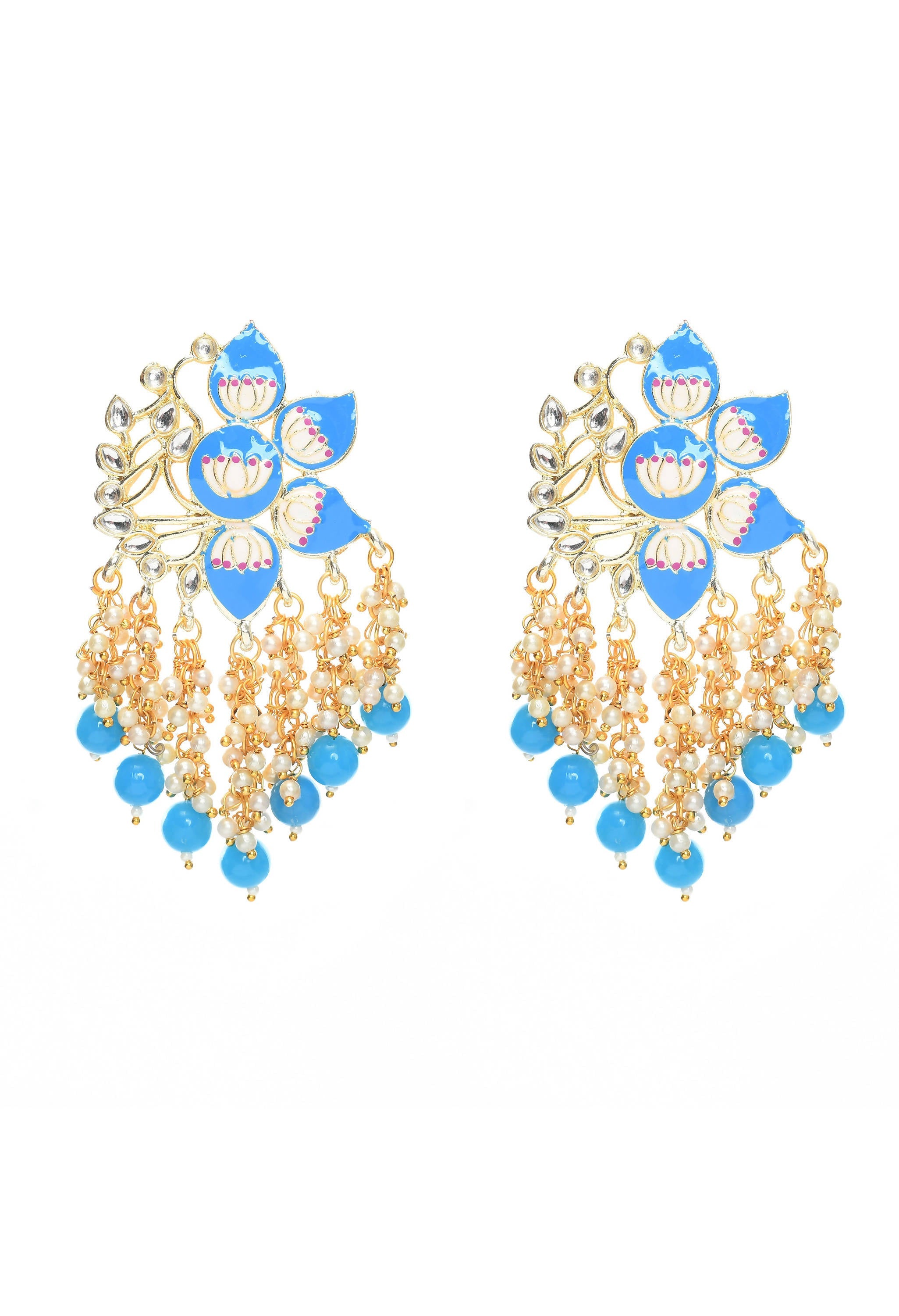 Mominos Fashion Johar Kamal Gold-Polished Kundan Sky Blue Meenakari Earrings | Grab2Buy