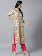 Yufta Women Cream & Pink Printed Kurta with Trouser | Grab2Buy