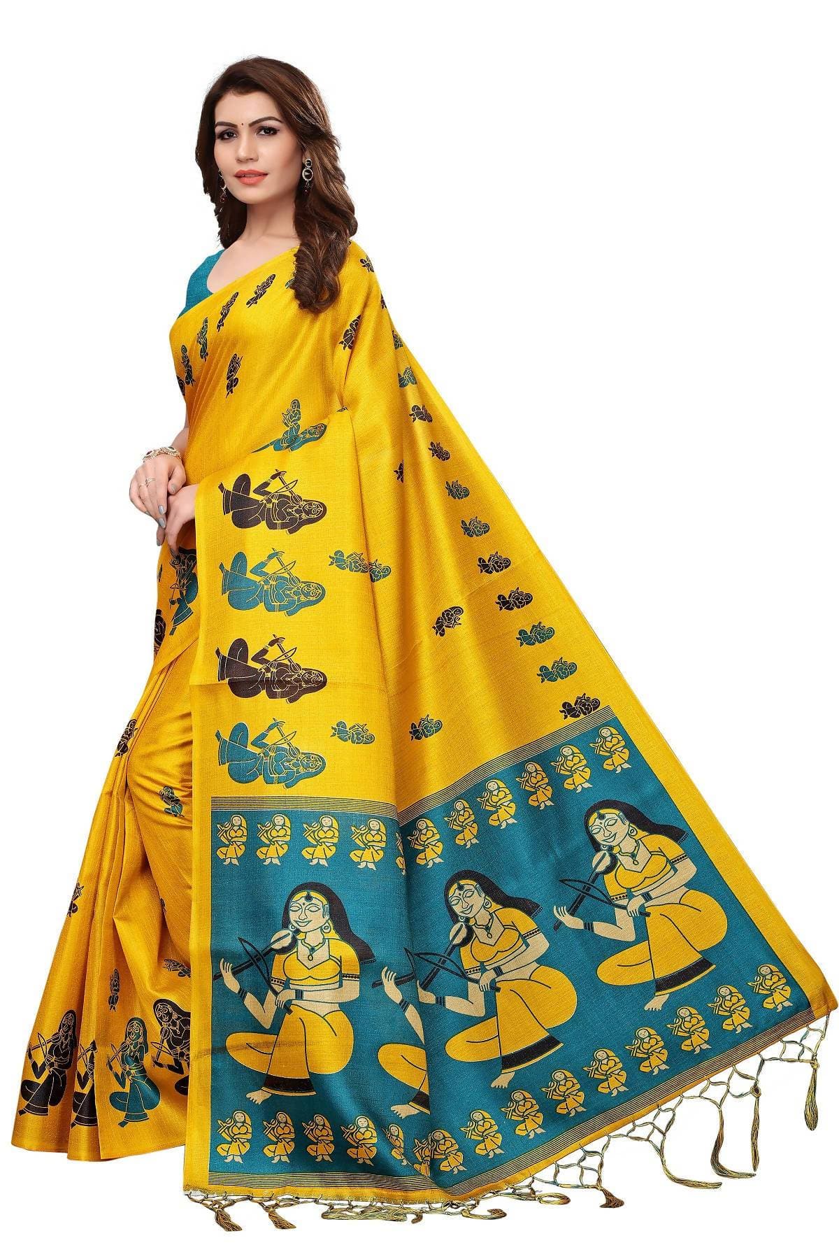Vamika Yellow & Blue Kalamkari With Jhalar Khadi Silk Saree | Grab2Buy