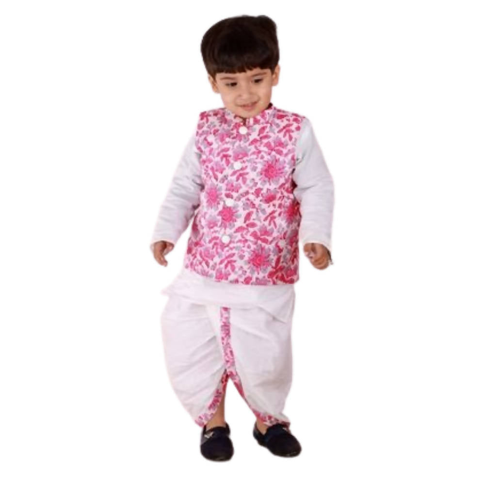 Little Bansi Boys Pink and White Color Bengali Kantha work floral Jacket with Kurta and Dhoti | Grab2Buy