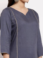 Myshka Women's Grey Cotton Solid 3/4 Sleeve V Neck Casual Kurta Palazzo Dupatta Set | Grab2Buy