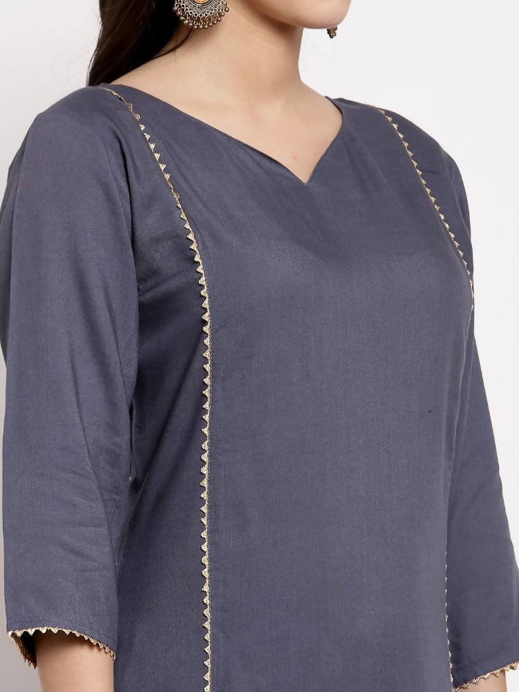Myshka Women's Grey Cotton Solid 3/4 Sleeve V Neck Casual Kurta Palazzo Dupatta Set | Grab2Buy