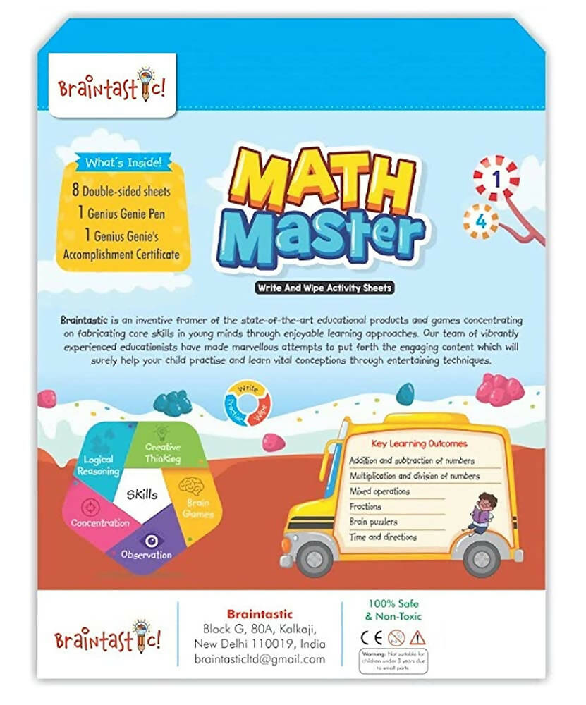 Braintastic Educational Game: Math Master (6-99 Years) Write & Wipe Reusable Activity Sheets with Free Puzzle for Kids | Grab2Buy