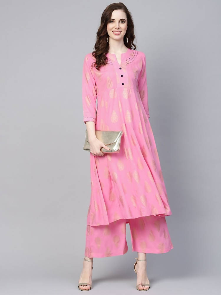Yufta Women Pink & Golden Printed Kurta with Palazzo | Grab2Buy