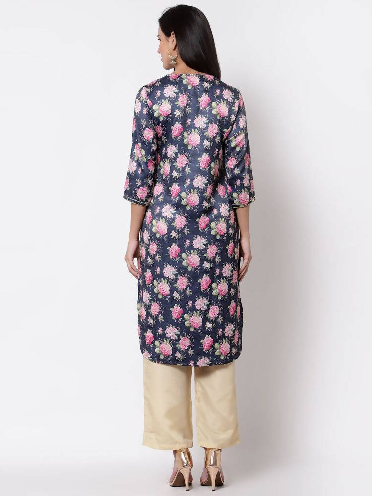 Myshka Silk Printed 3/4 Sleeve Round Neck Casual Blue Women's Kurta | Grab2Buy