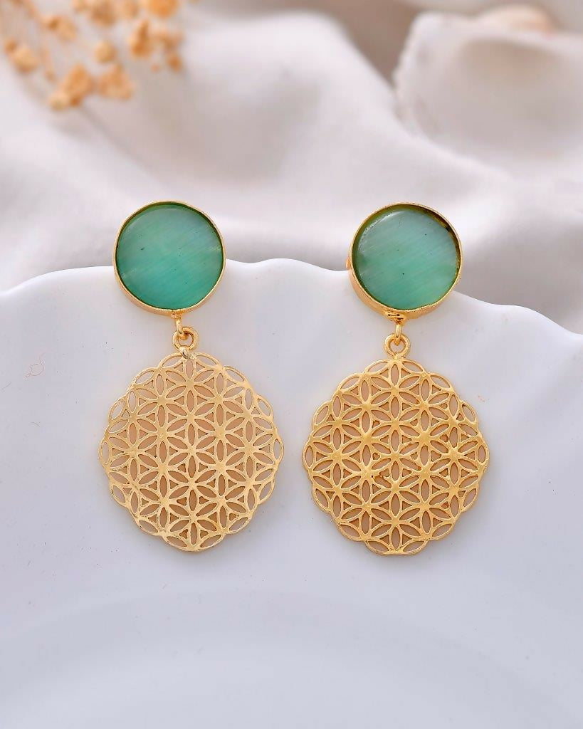 VOJ One Gram Gold-Polished Teal Colored Stone Studded Earrings | Grab2Buy