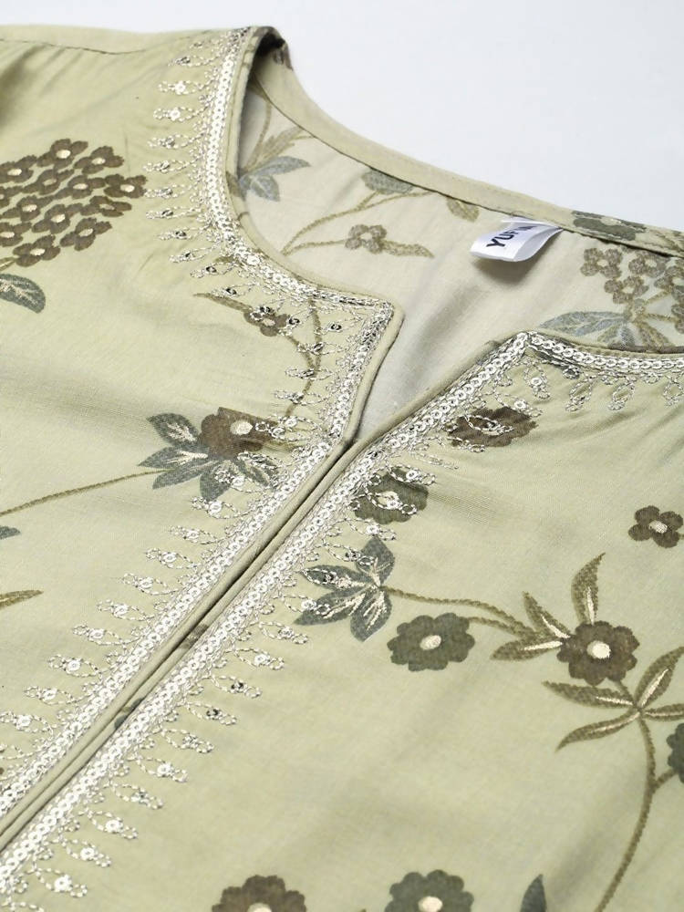 Yufta Women Olive Green Floral Printed Sequined Pure Silk Kurta with Palazzo and Dupatta | Grab2Buy