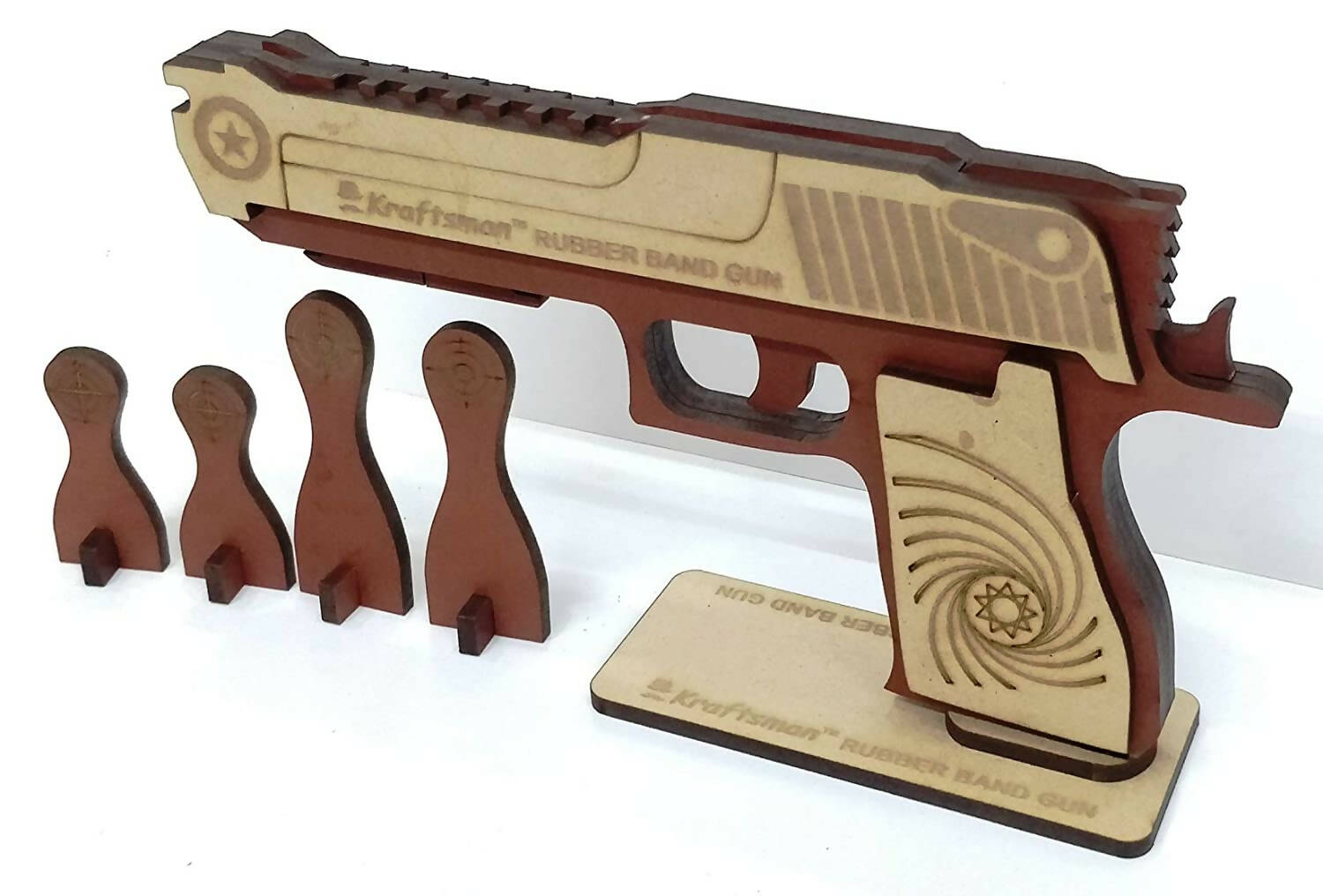 Kraftsman Kraftsman Semi-Automatic Wooden Rubber Band Shooting Gun Toys for Kids & Adults with Target | 5 Rapid Fire Shots (Dark Brown) | Grab2Buy