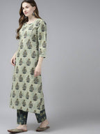Yufta Women Beige Ethnic Motifs Aari Work Pure Cotton Kurta with Palazzo and Dupatta | Grab2Buy