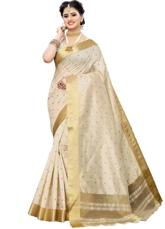 Vamika Weaving Cream Cotton Polyester Silk Saree (Kerala Tikki) | Grab2Buy