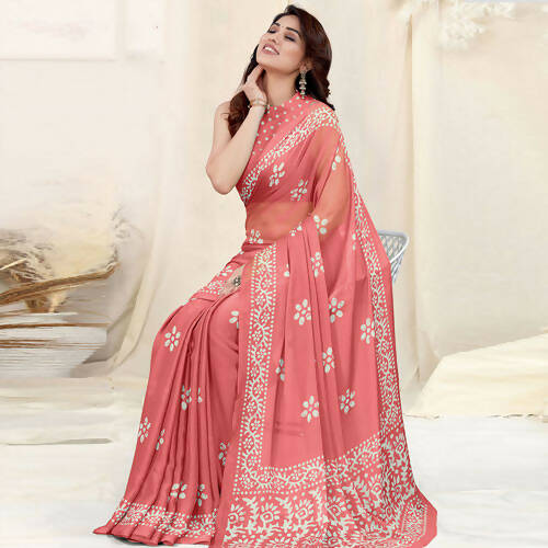 Women's Partywear Designer Peach Chinon Shiffon Fancy Saree - Dyuti | Grab2Buy