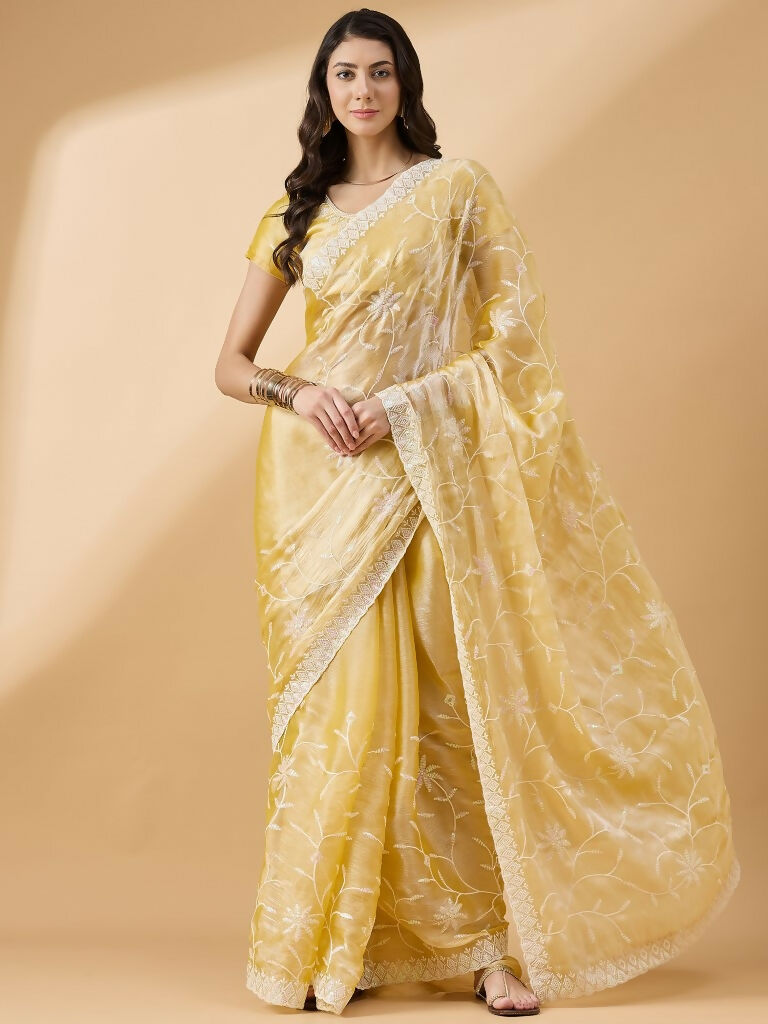 Pink Tissue Slub Embroidered Saree with Unstitched Blouse - Vairagi | Grab2Buy