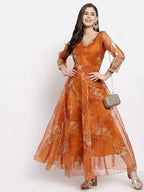 Myshka Women's Brown Organza Printed 3/4 Sleeve V Neck Casual Anarkali Dress | Grab2Buy