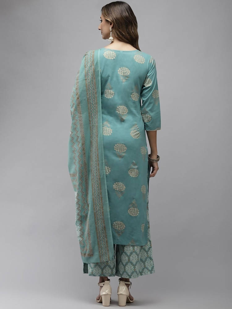 Yufta Women Blue & Off-White Printed Kurta with Palazzo & Dupatta | Grab2Buy