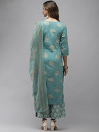 Yufta Women Blue & Off-White Printed Kurta with Palazzo & Dupatta | Grab2Buy
