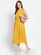 Myshka Women's Mustard Printed Rayon Sleeveless Collar Neck Casual Dress | Grab2Buy