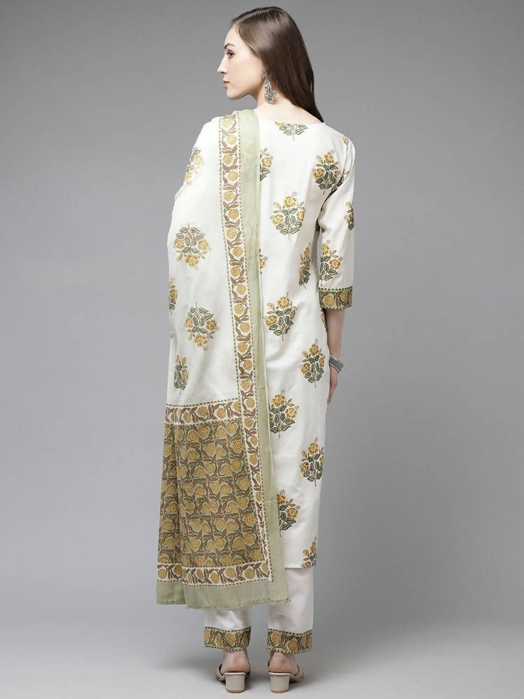 Yufta White yellow Floral Print kurta with Trouser & Dupatta set | Grab2Buy