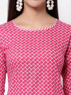 Myshka Women's Pink Cotton 3/4 Sleeve Round Neck Printed Casual Kurta | Grab2Buy