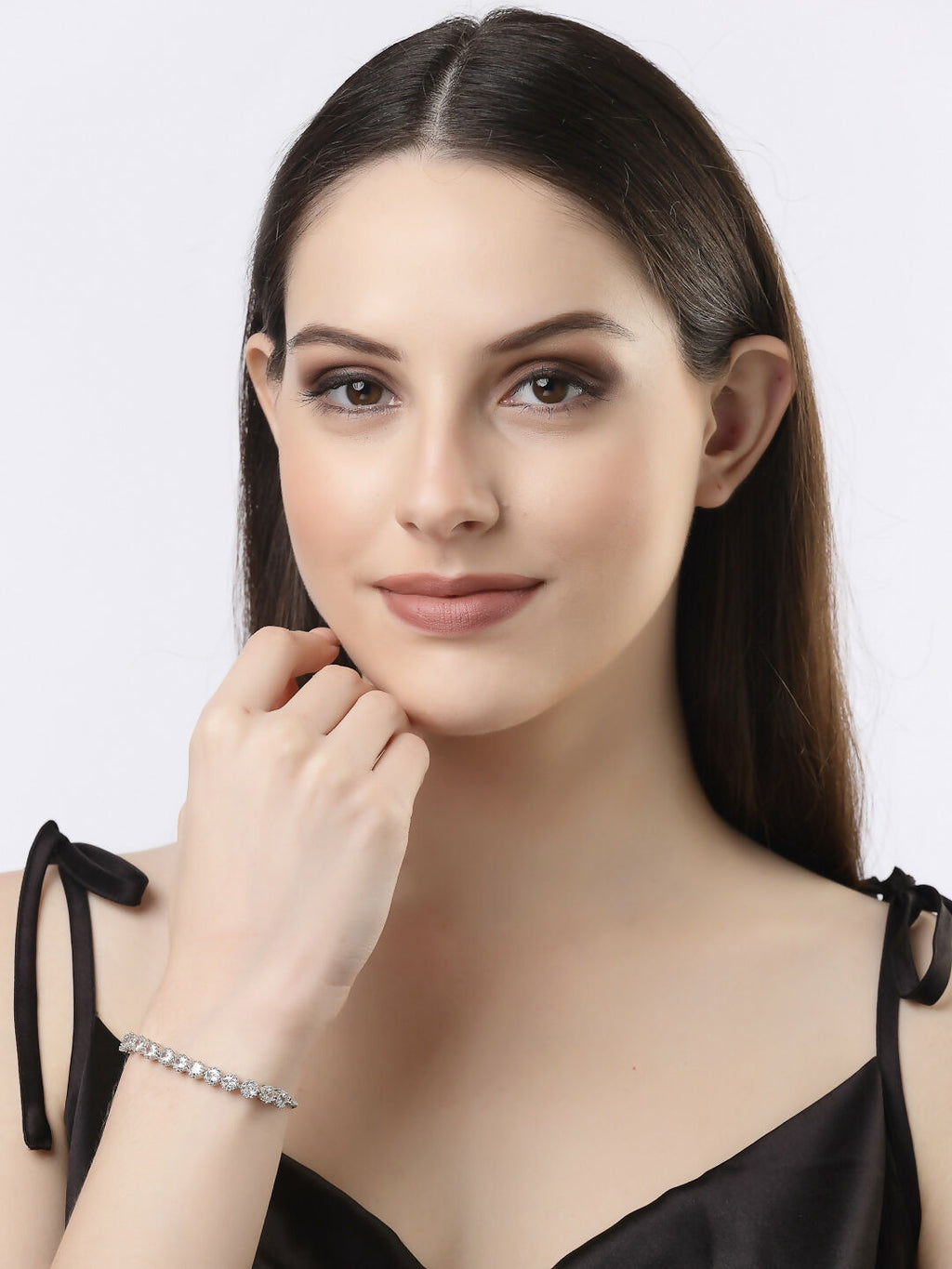 NVR Women Silver-Plated Handcrafted American Diamond Link Bracelet | Grab2Buy