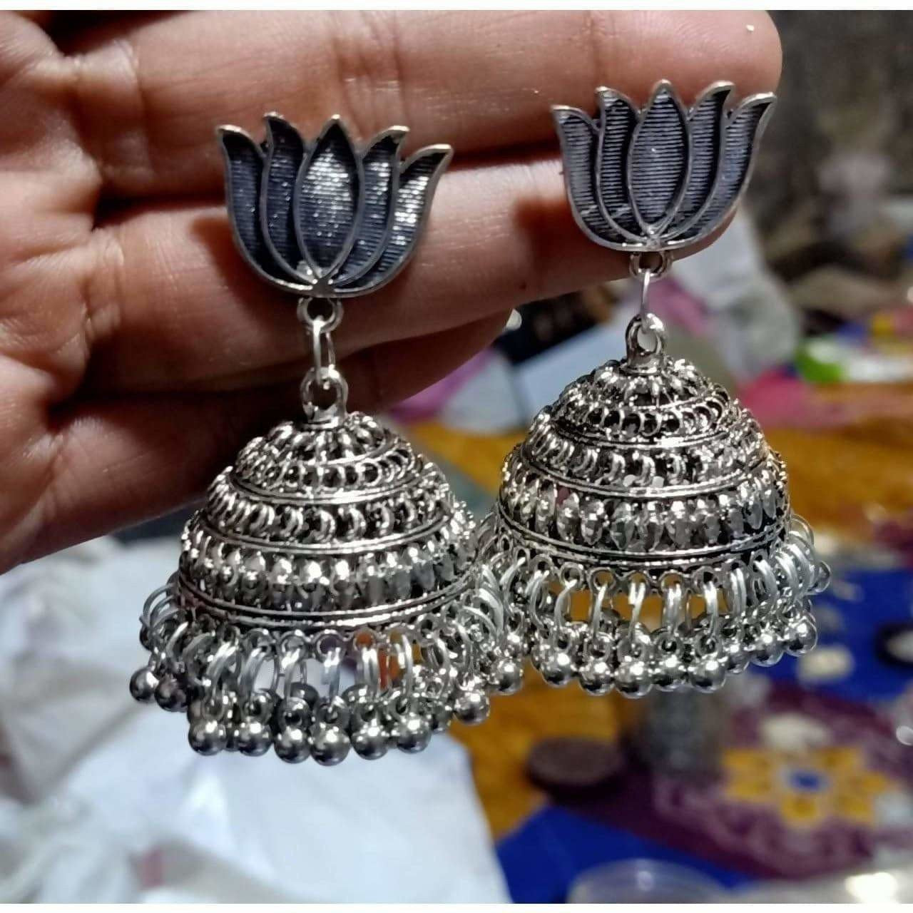 MS Fashion India Lotus Design Traditional Tribal Oxidized Silver Jhumka Earrings | Grab2Buy