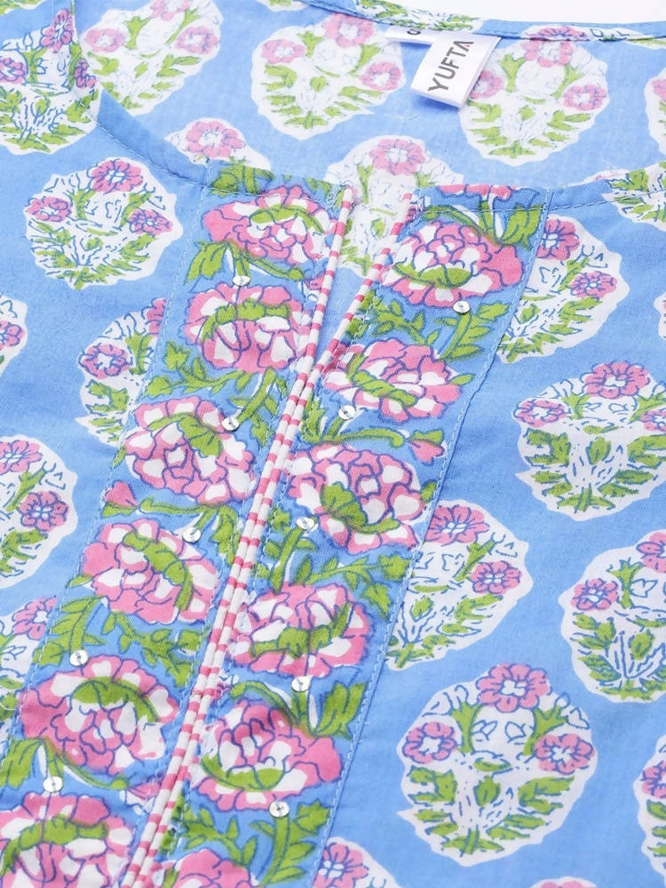 Yufta Women Blue & Pink Handblock Printed Pure Cotton Kurta with Trouser & Dupatta | Grab2Buy