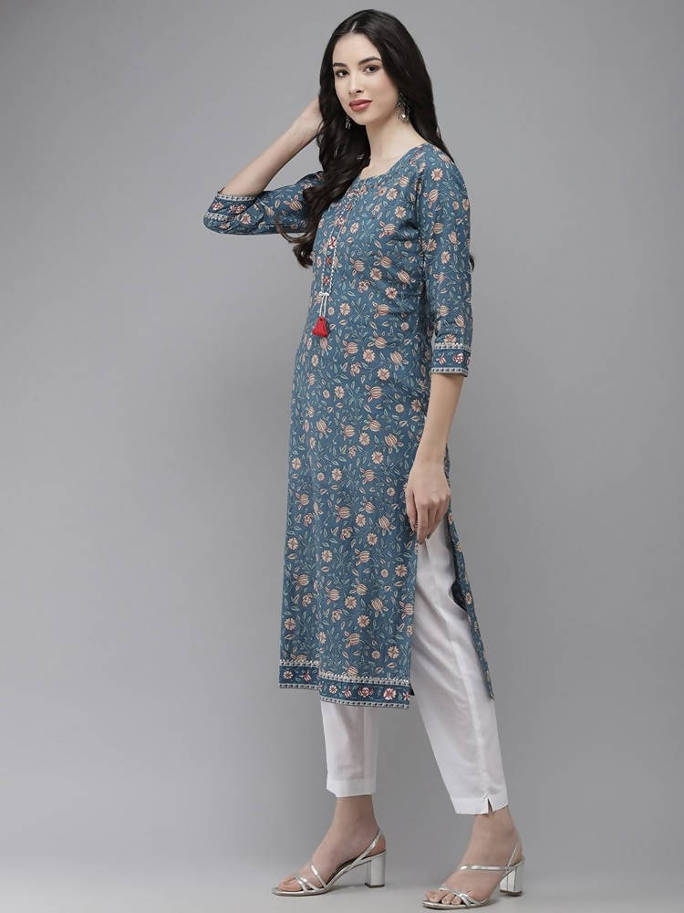 Yufta Women Blue And White Kurta with Trouser Set | Grab2Buy