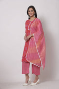 Myshka Women's Cotton Printed 3/4 Sleeve Round Neck Casual Pink Kurta Pant Dupatta Set | Grab2Buy