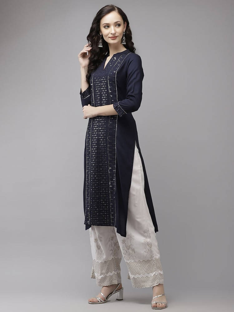 Yufta Women Navy Blue Regular Sequinned Kurta with Palazzo | Grab2Buy
