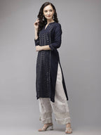 Yufta Women Navy Blue Regular Sequinned Kurta with Palazzo | Grab2Buy