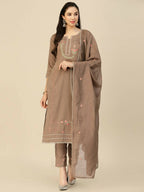 Brown Embroidered Chinon Straight Kurta With Trouser & Dupatta - Salimar | Grab2Buy