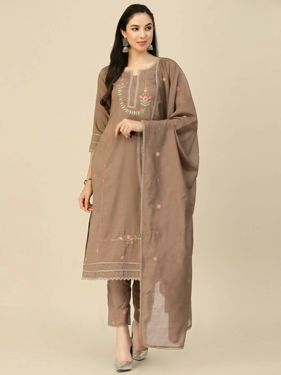 Brown Embroidered Chinon Straight Kurta With Trouser & Dupatta - Salimar | Grab2Buy