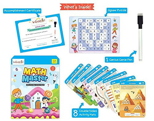 Braintastic Educational Game: Math Master (6-99 Years) Write & Wipe Reusable Activity Sheets with Free Puzzle for Kids | Grab2Buy