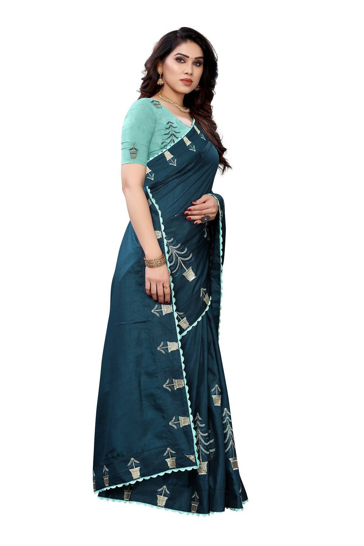 Vamika Rama Green Dola Silk Embroidery Saree (HELENA RAMA) | Grab2Buy
