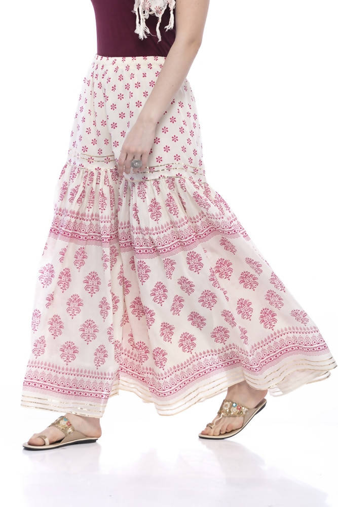 Mominos Fashion Cotton Block Print With Lace Work Off White Maroon Color Prints Palazzo | Grab2Buy