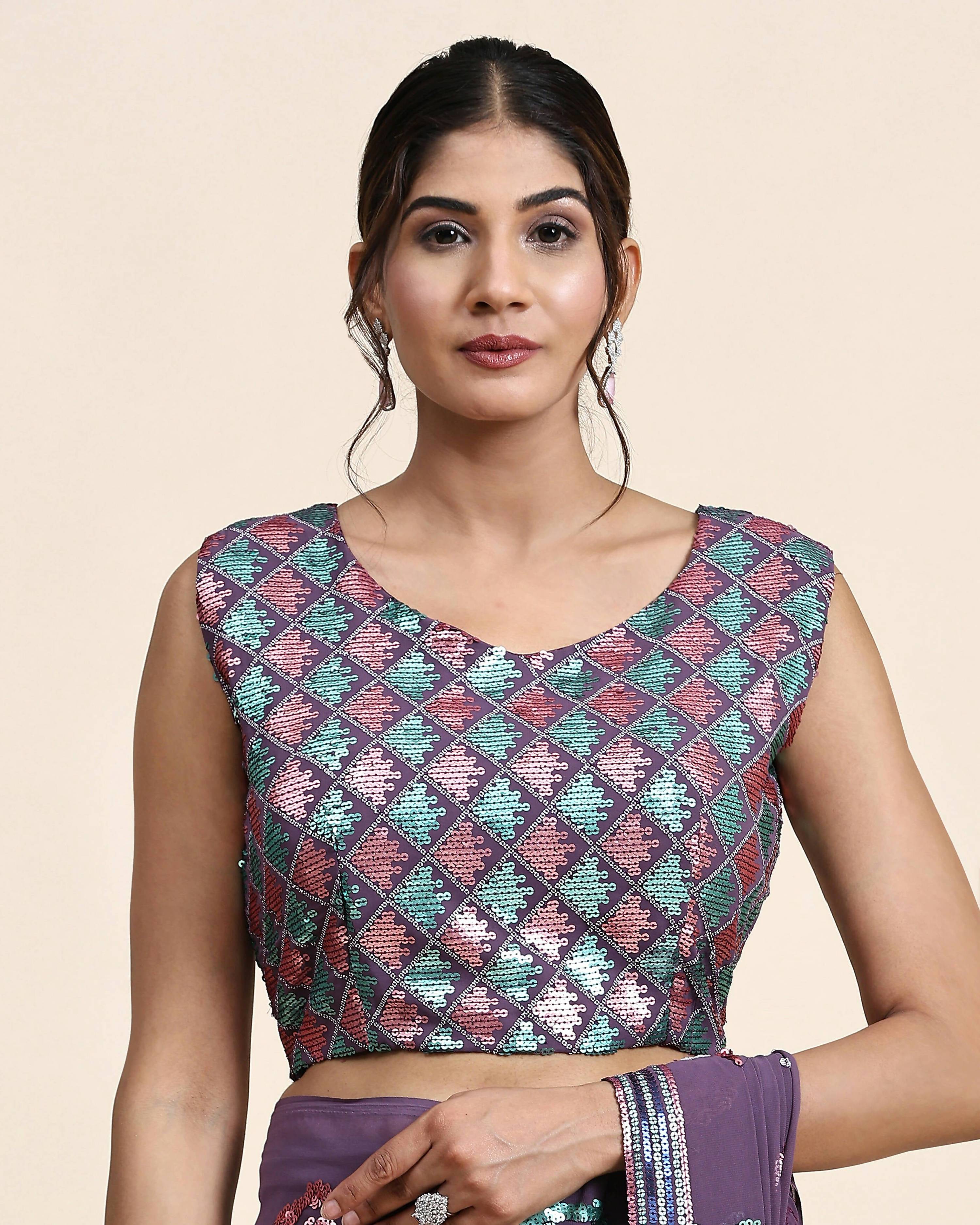 Purple Pure Georgette Sequence work Ready to wear Saree with stitched Blouse - Nirvana | Grab2Buy