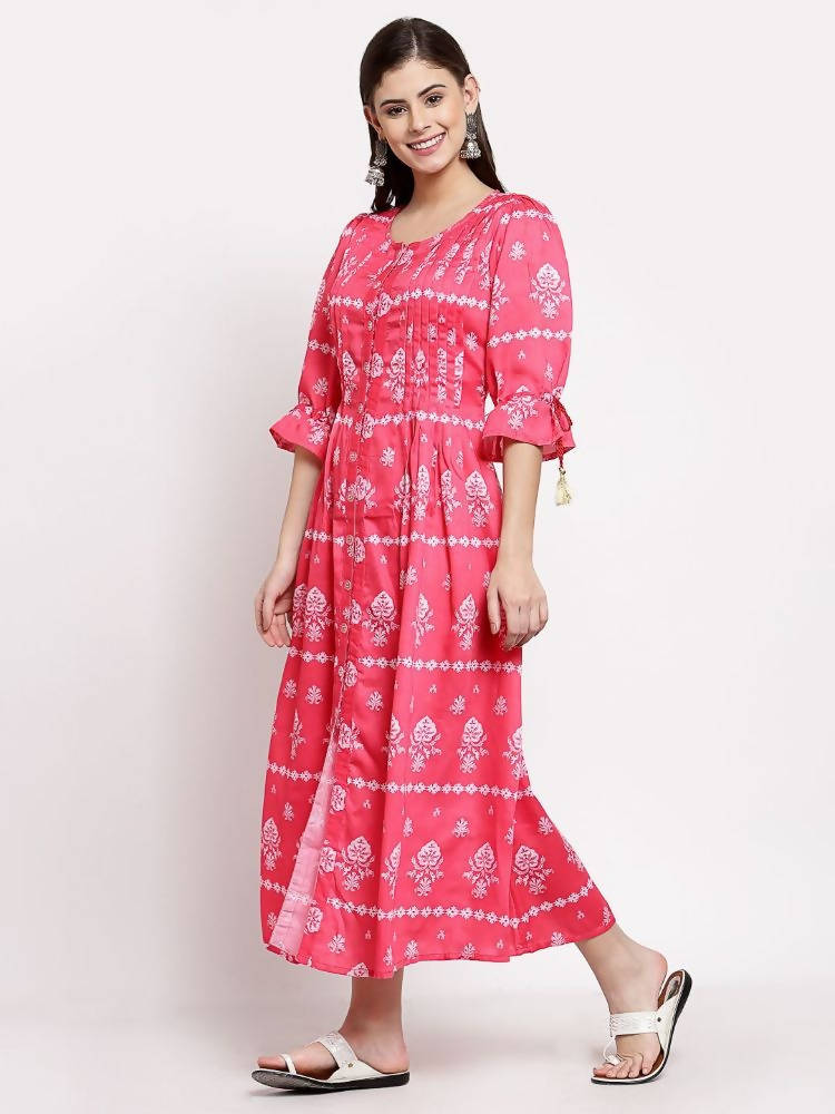 Myshka Women's Pink Cotton Printed 3/4 Sleeve Round Neck Casual Dress | Grab2Buy