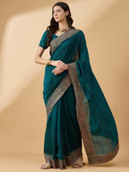 Teal Silk Blend Embroidered Saree with Unstitched Blouse - Vairagi | Grab2Buy