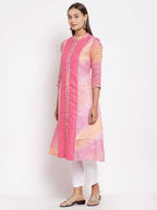 Myshka Women's Pink Cotton Printed 3/4 Sleeve Round Neck Casual Kurta | Grab2Buy