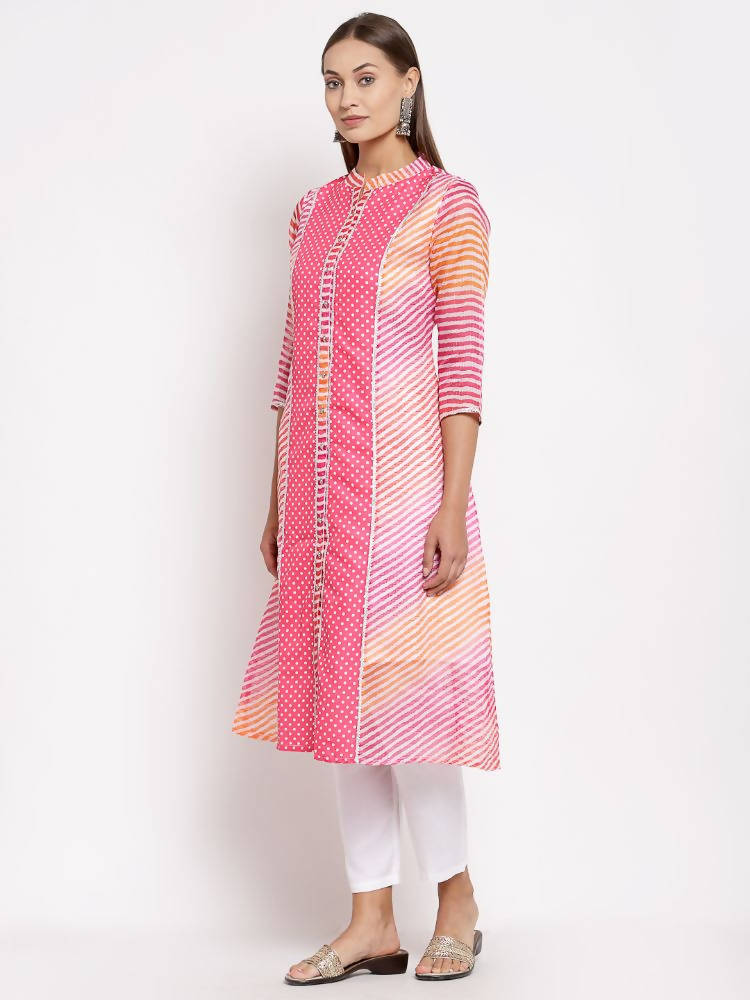 Myshka Women's Pink Cotton Printed 3/4 Sleeve Round Neck Casual Kurta | Grab2Buy